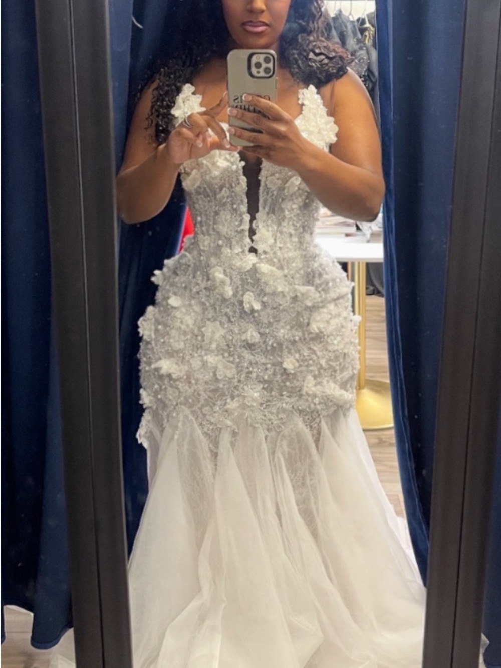 Ivory Floral Lace Mermaid Wedding Dress with Tulle Skirt